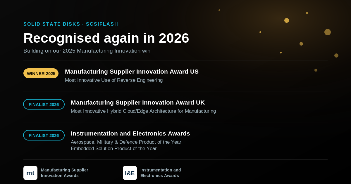 SCSIFlash recognised again in 2026: winner of the Manufacturing Supplier Innovation Award US 2025, finalist for Manufacturing Supplier Innovation Award UK 2026, and finalist for two categories at the Instrumentation and Electronics Awards 2026